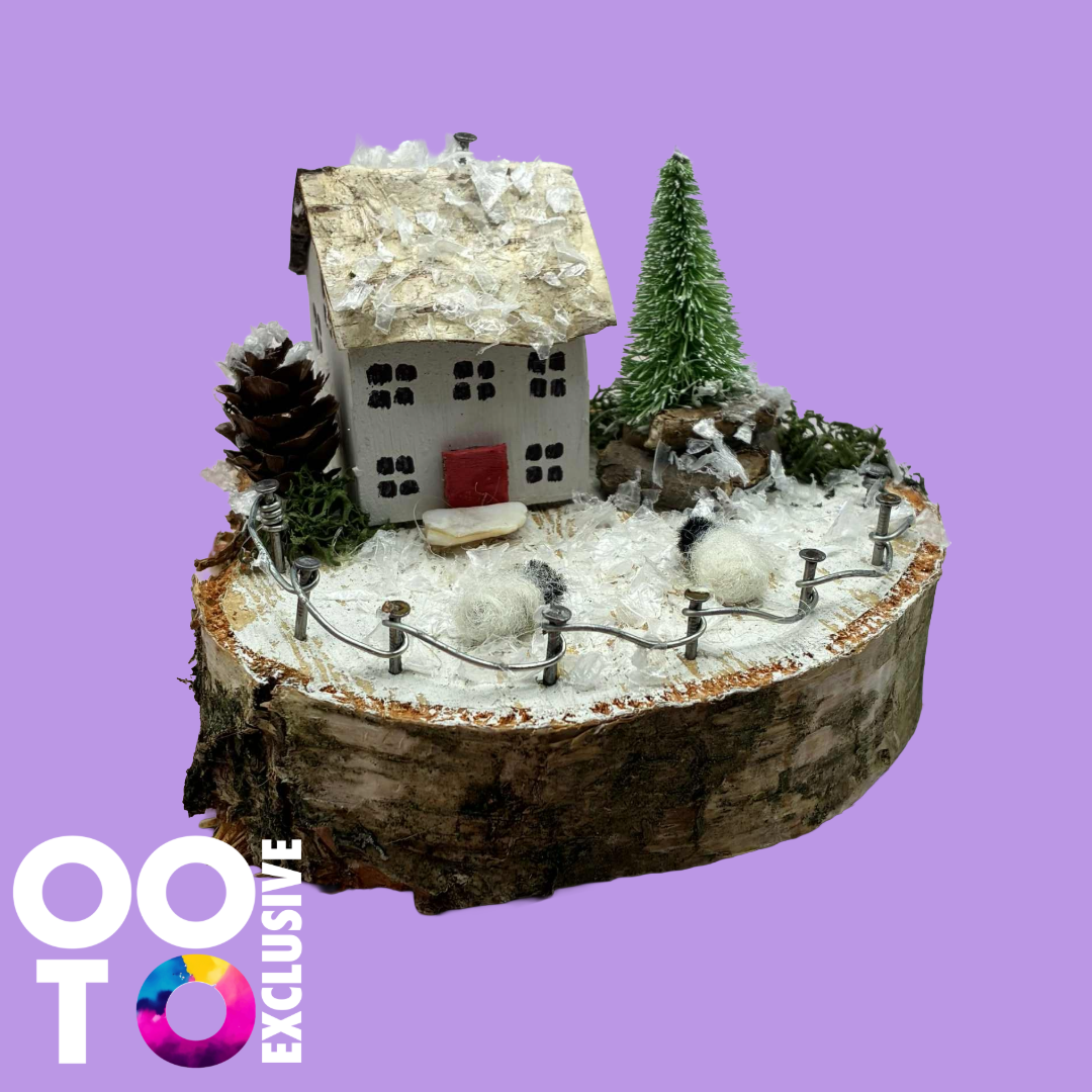 Handmade Winter Scene Small Wooden House/Cottage with Sheep