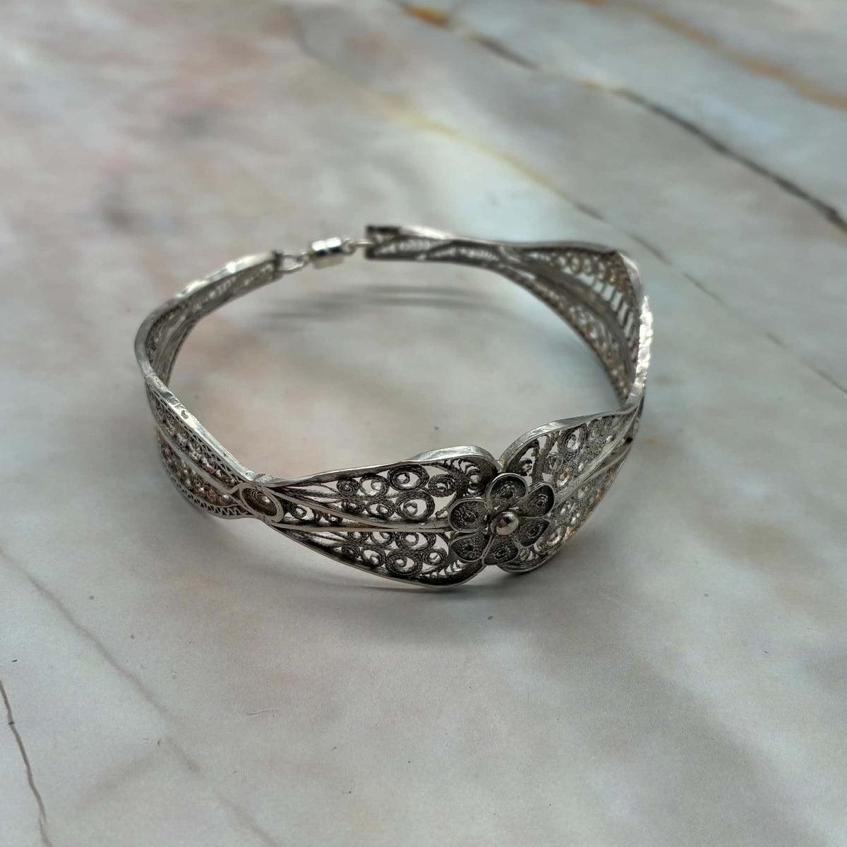 Vintage Filigree Sugar Tong Bracelet | Silver