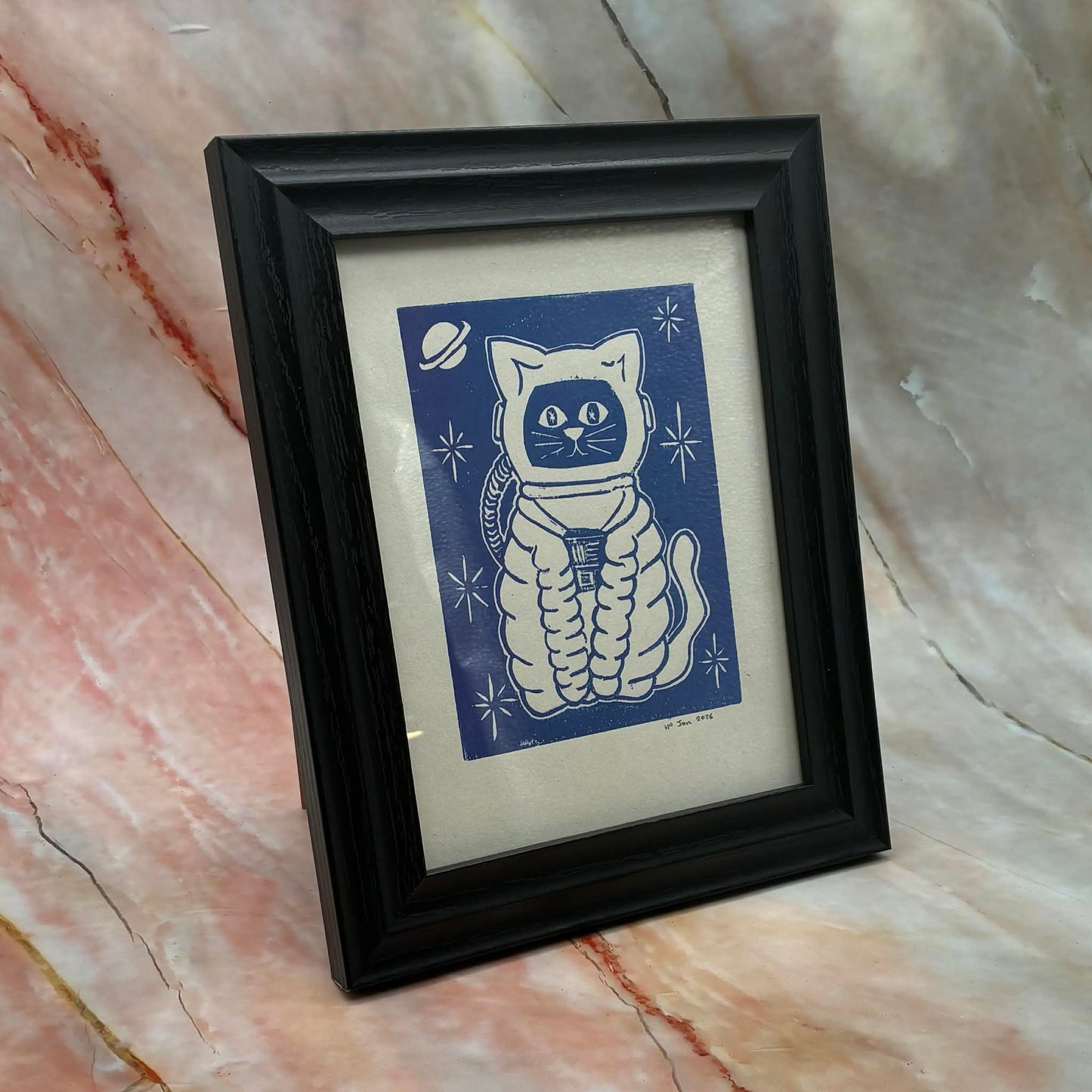 Space Cat Lino Print | 8 x 10 inch Frame