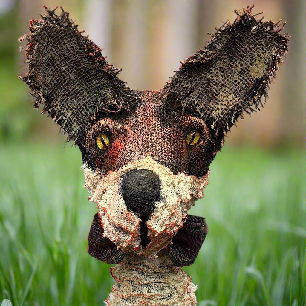 Textured fox sculpture in a garden background