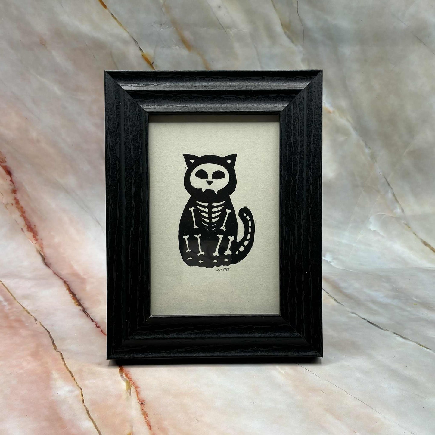 Spooky Cat Lino Print | 6 x 8 inch Frame