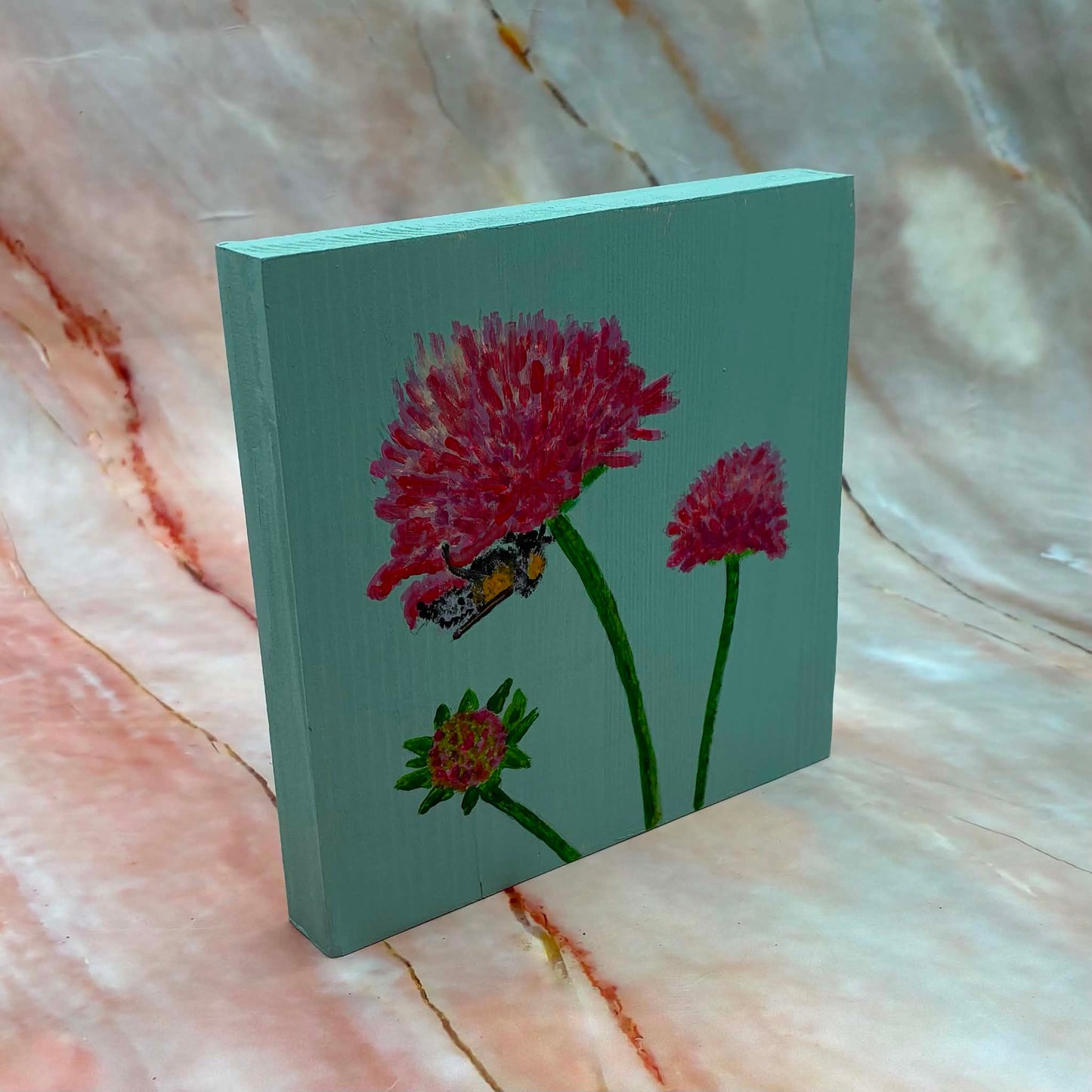 Bee on Knautia| Original Painting | Acrylic on Wood | 15 x 15 cm