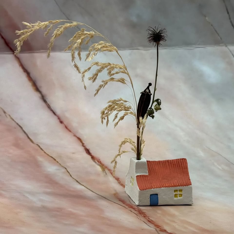 Miniature Ceramic Houses with Dried Foliage | Hand Painted | Various Styles