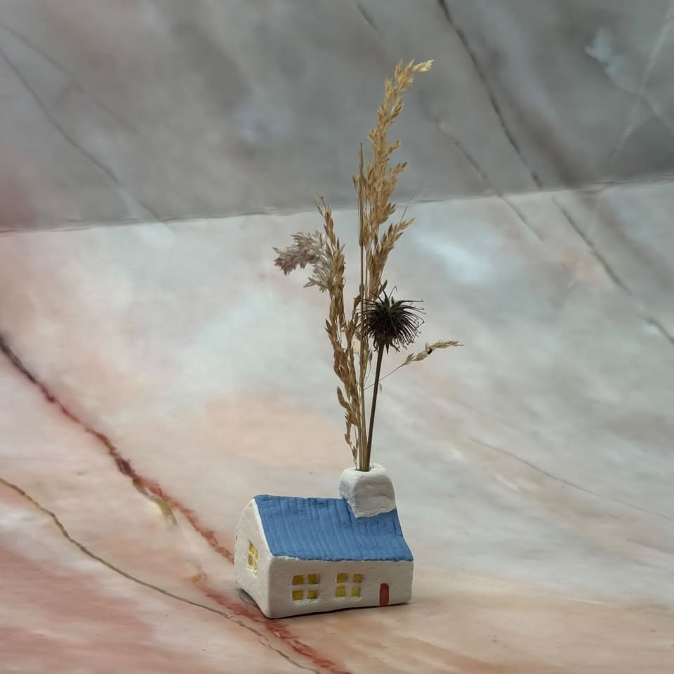 Miniature Ceramic Houses with Dried Foliage | Hand Painted | Various Styles