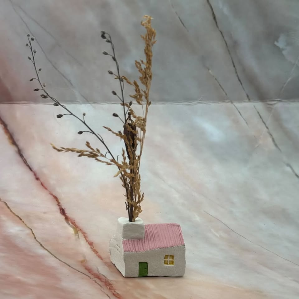 Miniature Ceramic Houses with Dried Foliage | Hand Painted | Various Styles
