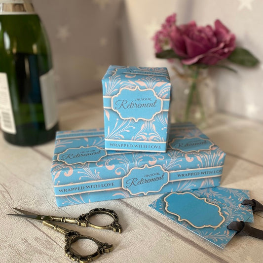 Retirement | Blue 500mm x 700mm gift wrap | Matching Tag