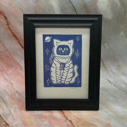 Space Cat Lino Print | 8 x 10 inch Frame