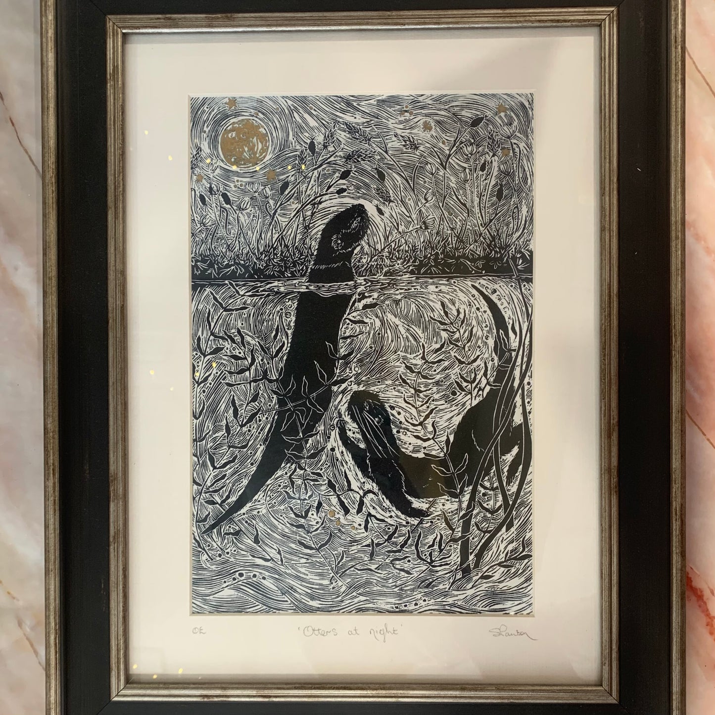 Otters at Night | Open Edition Framed Lino print