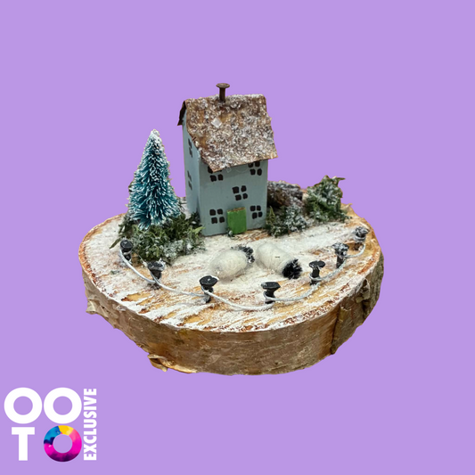 Handmade Winter Scene Small Wooden House/Cottage with Sheep