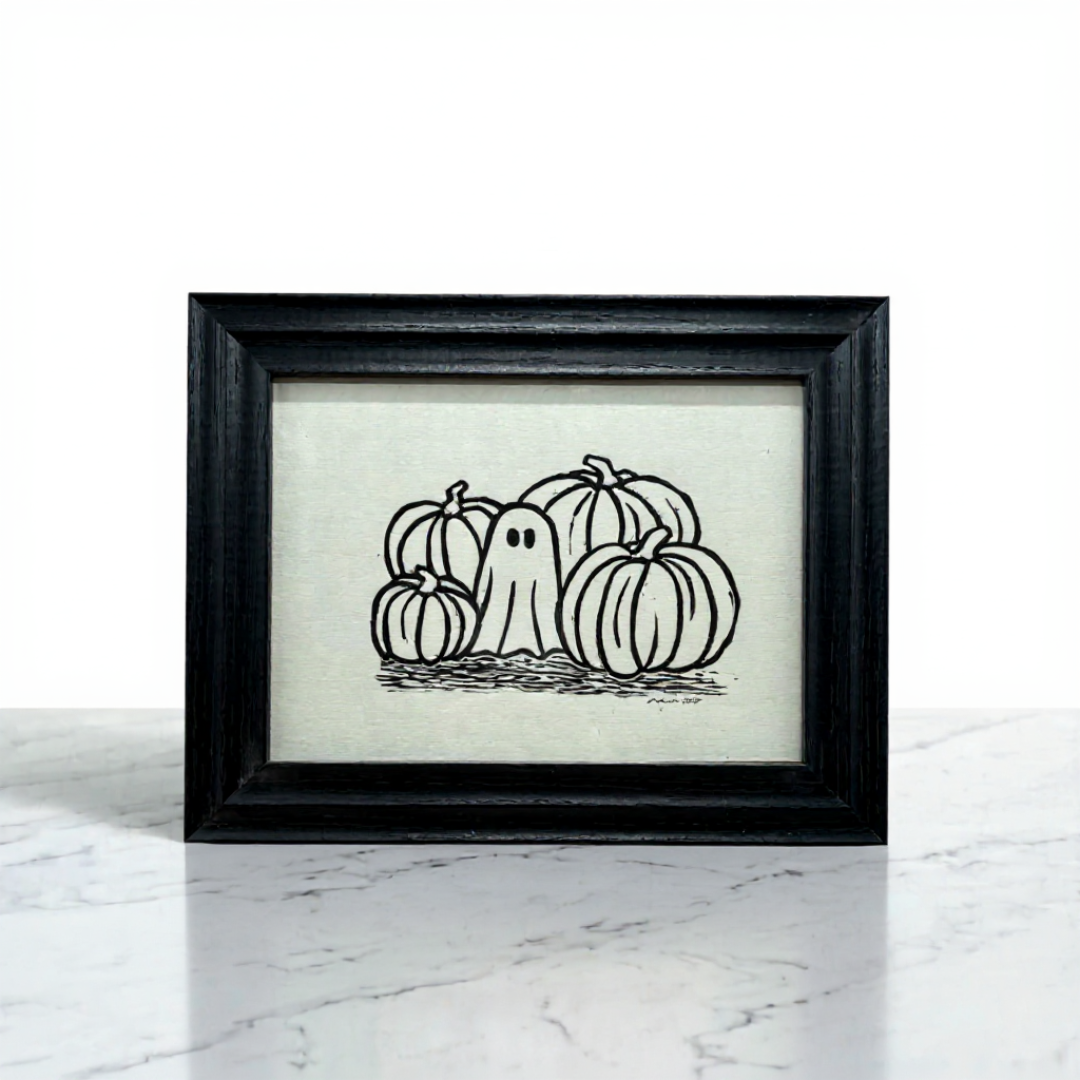 Pumpkin Patch Ghost Lino Print | 8 x 10 inch Frame