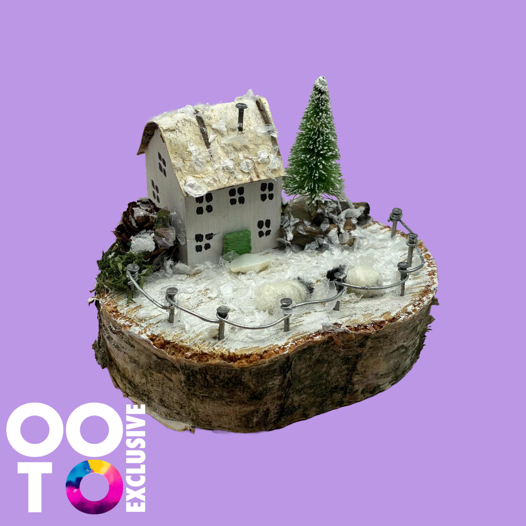 Handmade Winter Scene Small Wooden House/Cottage with Sheep