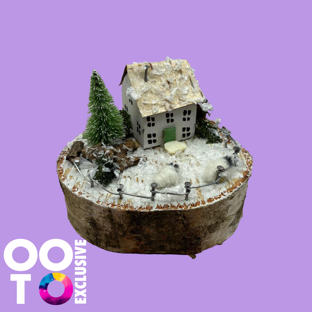 Handmade Winter Scene Small Wooden House/Cottage with Sheep