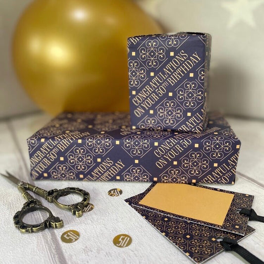 On your 50th Birthday | Gift Wrapping Paper | 500mm x 700mm | Matching Tag