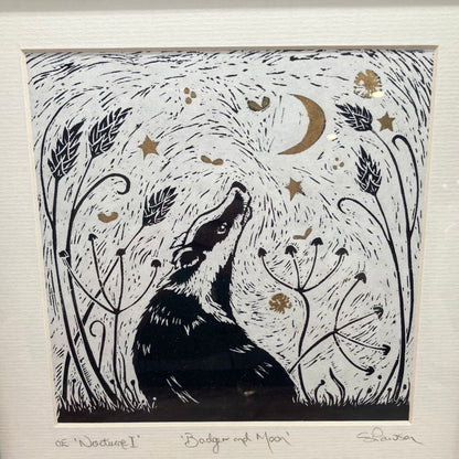 Nocture I, II & III | Open Edition Framed Lino prints of Badger, Fox  & Hare