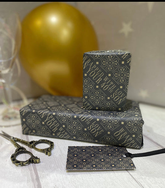 Son 40th | Gift Wrapping Paper | 500mm x 700mm | Matching Tag