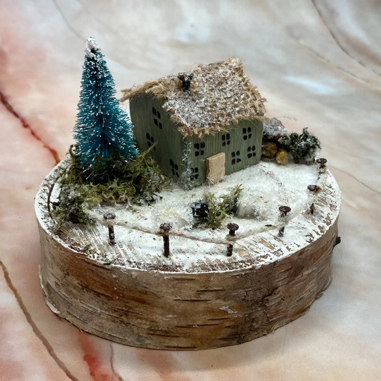 Handmade Winter Scene Small Wooden House/Cottage with Sheep