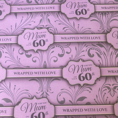 Mum 60th Gift wrapping paper x 1 sheet with 2 matching tags pink vintage birthday - Out of the ORDinary Online 