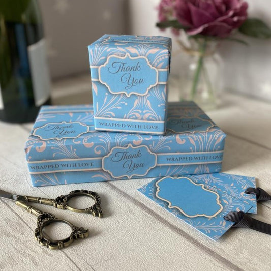 Thank you Gift wrapping paper x 1 sheet with 2 matching tags blue vintage - Out of the ORDinary Online 