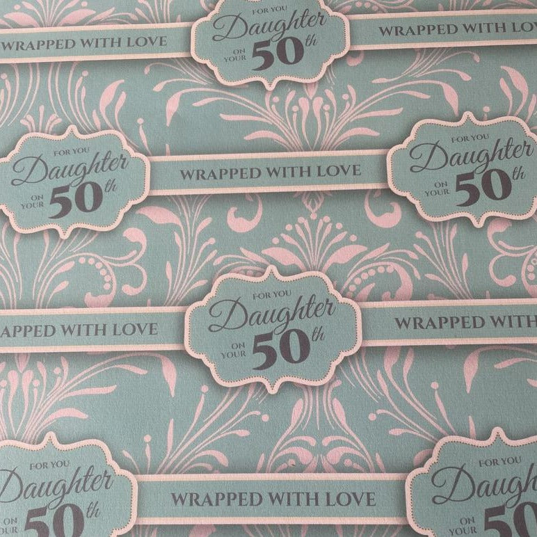 Daughter 50th Gift wrapping paper x 1 sheet with 2 matching tags green vintage birthday - Out of the ORDinary Online 