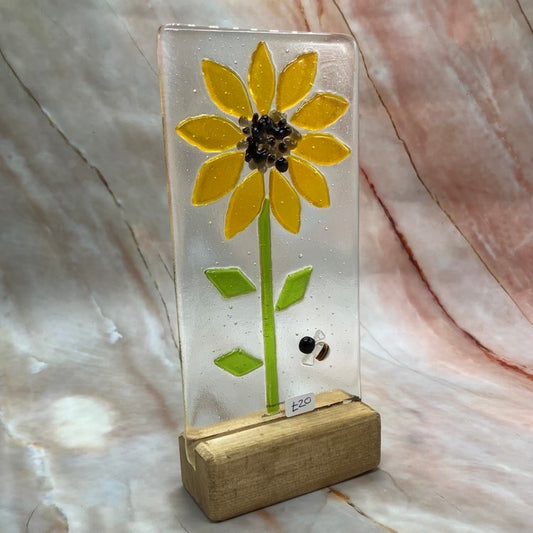 Freestanding Sunflower With Wooden Plinth | Fused Glass