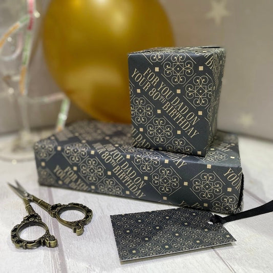 Dad 80th | Gift Wrapping Paper | 500mm x 700mm | Matching Tag