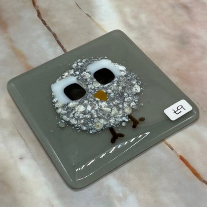 Grey Speckled Owl Coaster | Fused Glass