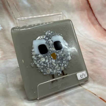 Grey Speckled Owl Coaster | Fused Glass